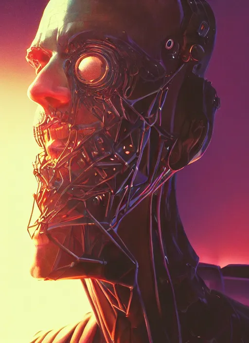 Prompt: biblical daemonic stylish cyberpunk android, glowing veins, rule of thirds, close - up, portrait by greg hildebrandt, studio lighting, muted colors, by terry richardson, by leonardo davinci, by beeple, ultrarelistic, extreme detail, caustics, trending on artstation, 8 k, octane renderer, rtx on