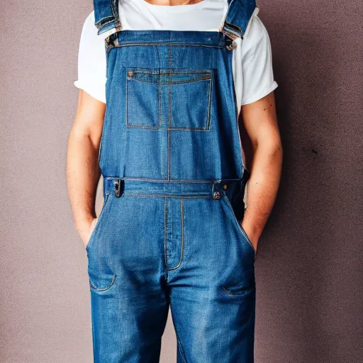 Prompt: wallaby wearing denim overalls that have a front pocket, fashion magazine photograph, studio lighting