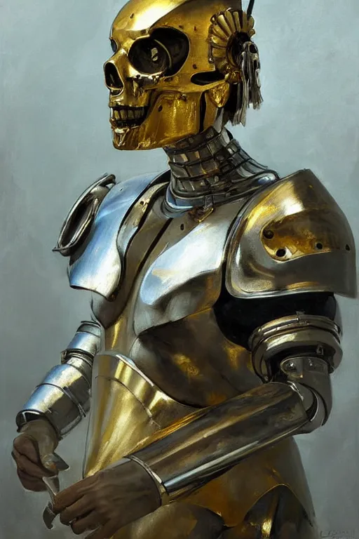 Prompt: beautiful expressive oil painting portrait of ancient cyborg god queen, silver armor, with a scratched gold skull mask ascending wearing a neo japan crown, art by anders zorn, wonderful masterpiece by greg rutkowski, beautiful cinematic light, american romanticism by greg manchess, jessica rossier