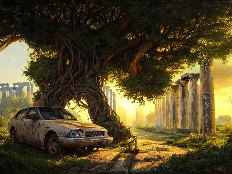 Image similar to a tree growing on a scrap car in ancient greek ruins, many overgrown scrap cars, overgrown pillars and arches, vines, flowers, hyperrealistic, highly detailed, cinematic, ray of golden sunlight, beautiful, cgsociety, artstation, 8 k, oil painting by greg rutkowski, by artgerm, by wlop