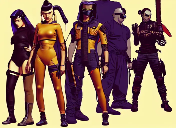 Prompt: cyberpunk elite samurai squad. portrait by stonehouse and mœbius and will eisner and gil elvgren and pixar. character design. realistic proportions. cyberpunk 2 0 7 7 character art, blade runner 2 0 4 9 concept art. cel shading. attractive face. thick lines. the team. diverse characters. artstationhq.