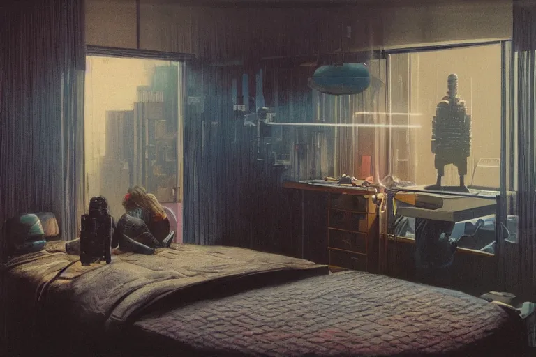 Image similar to IKEA catalogue photo, cyberpunk teenager bedroom, robots, by Beksiński