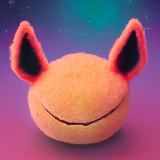 Image similar to an alien with a face that looks like a fuzzy peach the peach is fuzzy pink warm and ripe the alien has horns and a mean smile, 4k, highly detailed, high quality, amazing, high particle effects, glowing, majestic