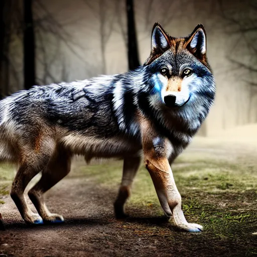 Prompt: A realistic photo of a wolf and snake hybrid animal, hyper-realistic, 8K HDR, 50 mm bokeh, fashion photography.