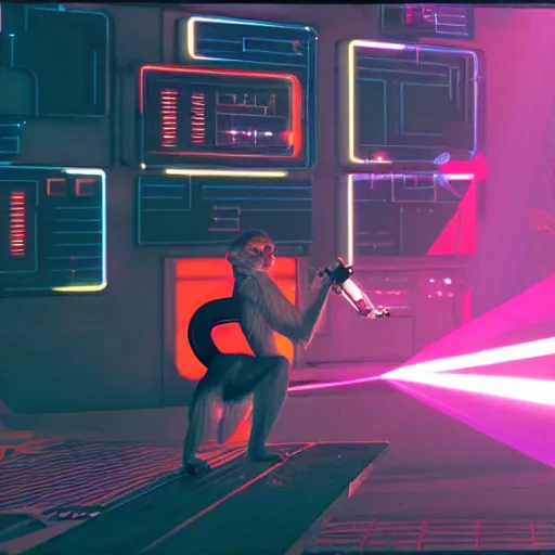 Prompt: a cyberpunk monkey shooting laser guns, sythwave