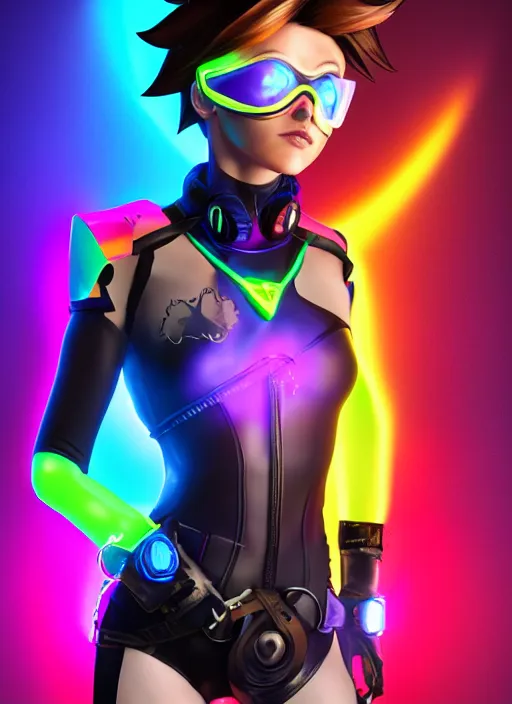 Image similar to full bod digital illustration portrait of tracer overwatch, confident pose, full body, full body, wearing black jagged iridescent rainbow latex armor, rainbow, neon, 4 k, expressive surprised expression, makeup, wearing large rainbow neon choker, studio lighting, acid, trippy, black leather harness, expressive detailed face and eyes,