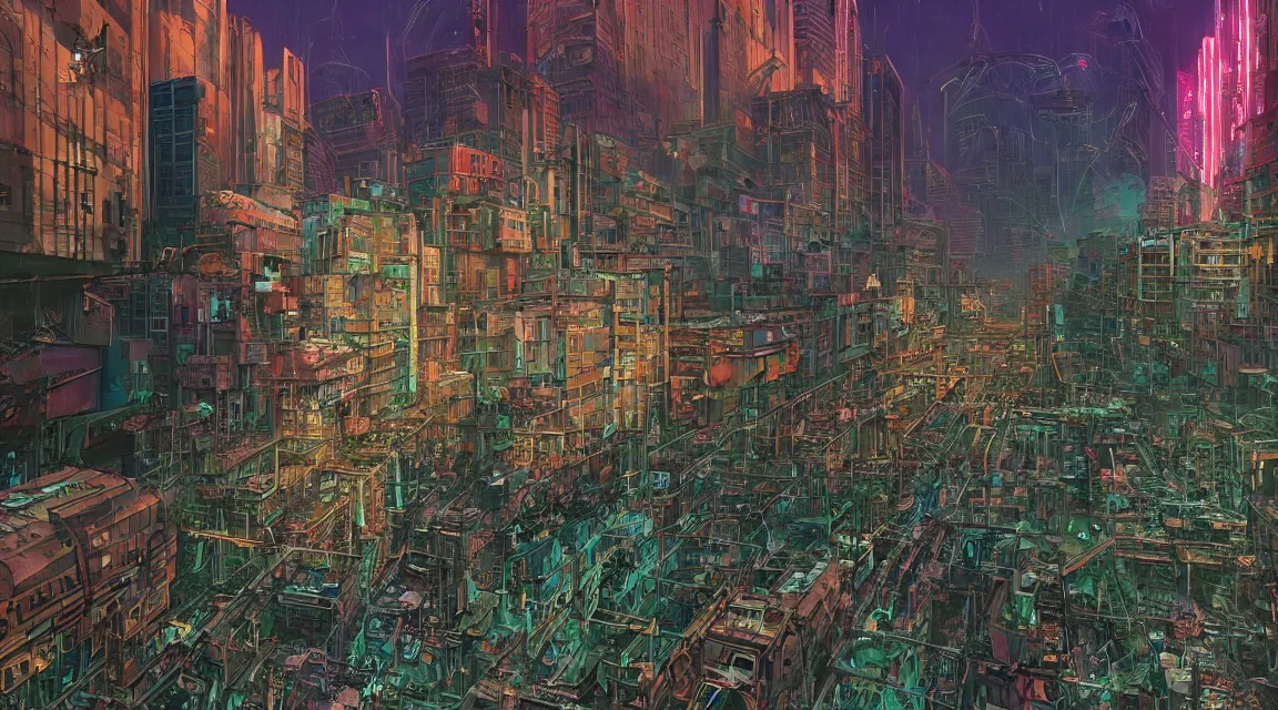Prompt: post apocalyptic cyberpunk city block buildings, synthwave neon retro, by Vladimir Manyukhin, by Simon Stålenhag, by Zdzisław Beksiński, by Guido Borelli, by Nathan Walsh, by Peter Gric, Wild vegetation, mold, deviantart, trending on artstation, Photorealistic, Incredible Depth, vivid colors, polychromatic, glowing neon, geometric, concept art digital illustration panorama, polished, beautiful, HDR Unreal Engine 64 megapixels IMAX Terragen 4.0, 8k resolution concept art filmic complex utopian mysterious moody futuristic