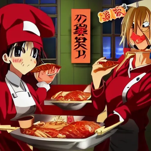 Prompt: anime human meat restaurant, horror, nightmare, cook, food, cooking