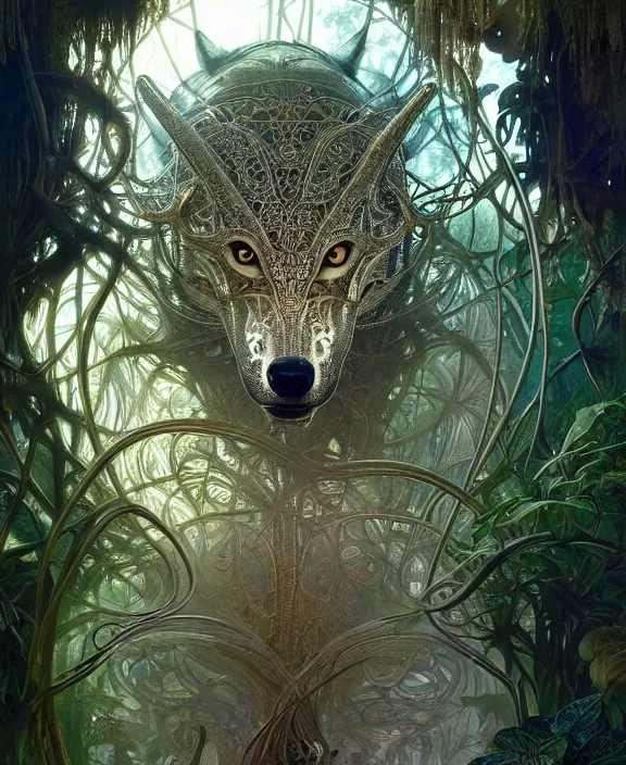 Image similar to exquisite, intricate ornate opulent transparent clear see - through portrait of a terrifying beautiful male alien wolf, mottled coloring, adorable, childlike, overgrown jungle environment, ultra realistic, concept art, art nouveau, photorealistic, octane render, 8 k, unreal engine. art by christopher marley and artgerm and greg rutkowski and alphonse mucha