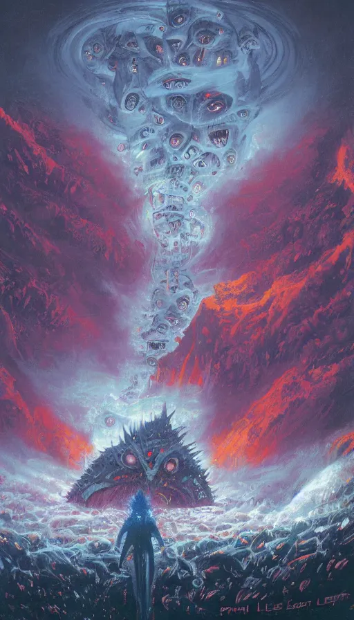 Image similar to a storm vortex made of many demonic eyes and teeth, by paul lehr,