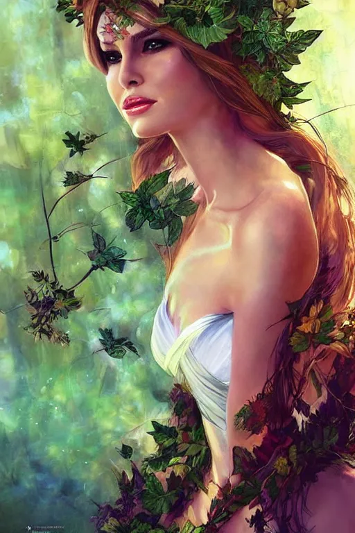 Prompt: portrait of a beautiful young melania trump as titania, summer queen. faerie queen. queen of light, black, poison ivy, made by caravaggio stanley artgerm lau wlop rossdraws artstation cgsociety concept art cgsociety octane render