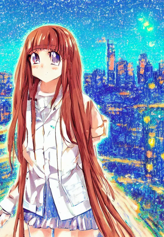 Prompt: wide angle portrait of a teenage girl, a thrifty outfit, somewhat of an anime in impressionist style, city street view background, starlit night sky, trending artwork, illustrated in anime painter studio, by claude monet and an anime artist, collaboration