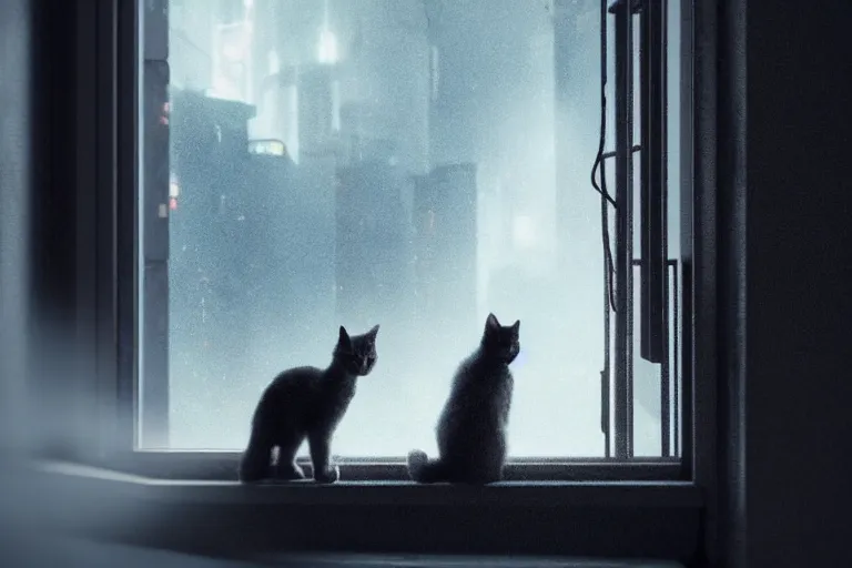 Image similar to Big european shorthair cat and small fluffy kitten from the back in the apartment room looking to window in a cyberpunk city, soft god rays from city lights outside the window, unreal engine 5, soft neon atmosphere, photorealistic, soothing colors, somber melancholic matte painting, hyperrealism, hyperrealistic, cinematic masterpiece, cyberpunk style 8k ultrahd octane render