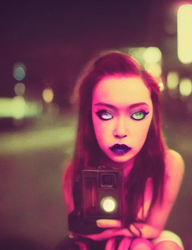 Image similar to portrait girl with smokey eyes makeup sitting on a bench at night, neon light, wide high angle coloured polaroid photograph with flash, kodak film, hyper real, stunning moody cinematography, with anamorphic lenses, by maripol, fallen angels by wong kar - wai, style of suspiria and neon demon and children from bahnhof zoo, detailed