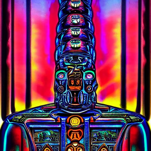 Prompt: totem to the machine god, symmetrical, coherent, hyper detailed, far shot, ominous lighting, colorful