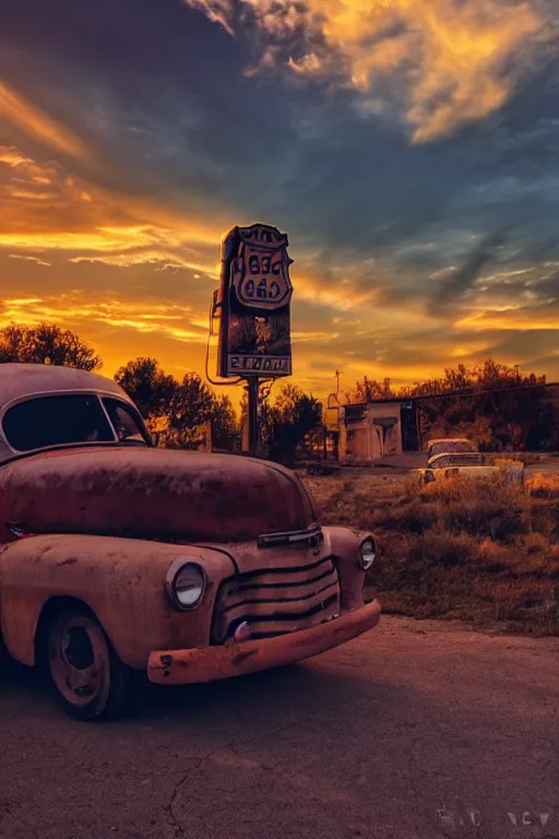 Image similar to a sunset light landscape with historical route 6 6, lots of sparkling details and sun ray ’ s, blinding backlight, smoke, volumetric lighting, colorful, octane, 3 5 mm, abandoned gas station, old rusty pickup - truck, beautiful epic colored reflections, very colorful heavenly, softlight