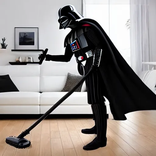 Prompt: Darth Vader vacuuming the house, photo realistic, award-winning, highly-detailed