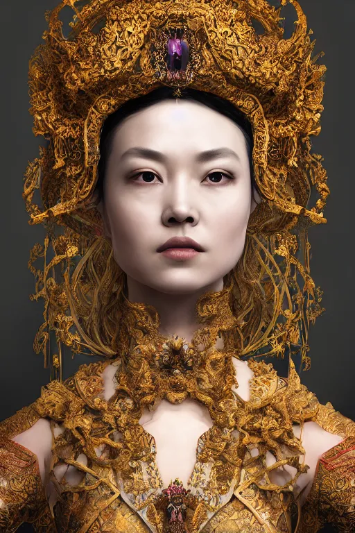 Prompt: a beautiful empress portrait, with a brilliant, impossible striking big organic matter subsurface scattering material headpiece, clothes entirely made out of organic subsurface scattering material, symmetrical, dramatic studio lighting, rococo, baroque, jewels, asian, hyperrealism, closeup, D&D, fantasy, intricate, elegant, highly detailed, digital painting, artstation, octane render, 8k, concept art, matte, sharp focus, illustration, art by Artgerm and Greg Rutkowski and Alphonse Mucha