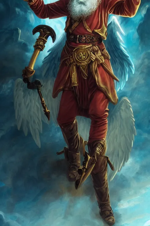 Image similar to character portrait karl marx as an aasimar angel buff wild magic barbarian with a third eye on the forehead and body warpaint, dungeons and dragons cover artwork, dynamic composition, dramatic lighting, trending on artstation, award winning art, stylized painting by sophie anderson, leonardo da vinci and raphael, concept art, 4 k, 8 k, gold and teal color scheme