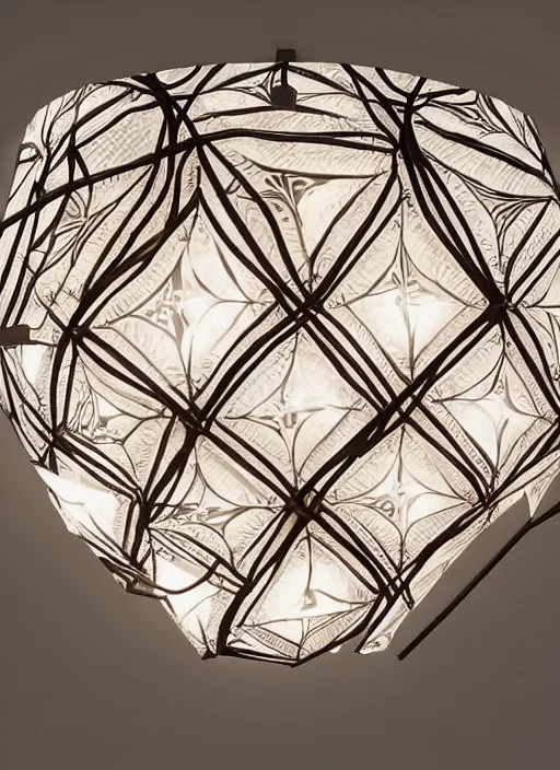 Image similar to A fabric ceiling lamp with intricate patterns designed by Artgerm