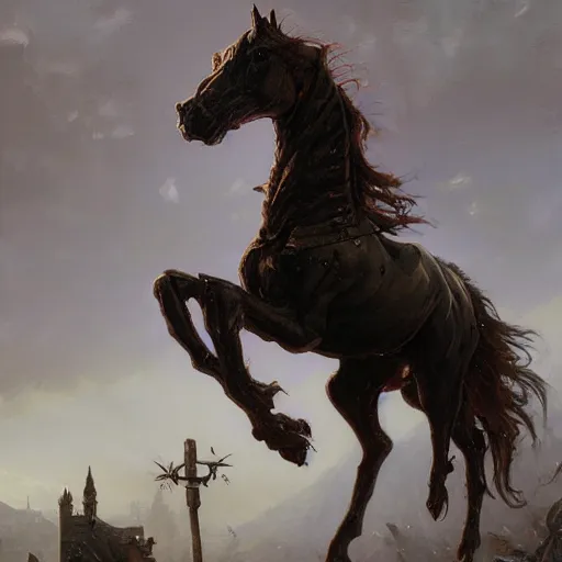 Prompt: oil painting of a gothic horse by Simon Stålenhag, by Stanley Artgerm Lau, Greg Rutkowski,Thomas Kindkade,Alphonse Mucha, Loish, Norman Rockwell,trending on artstation , rule of thirds, Highly detailed, anatomically correct, dramatic lighting, fashion, oil on canvas