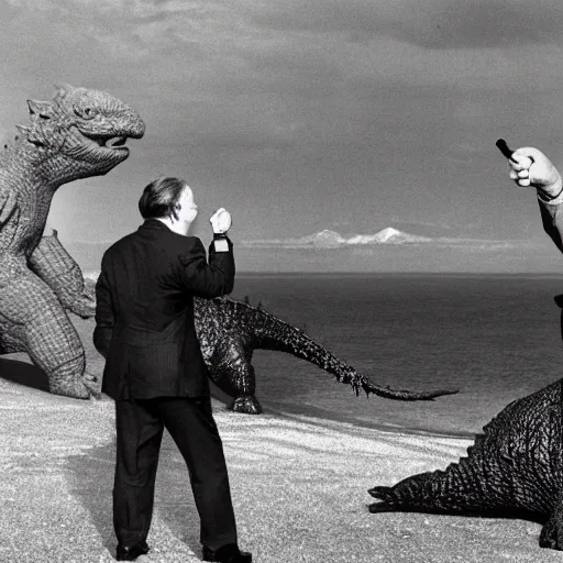 Image similar to Sir David Attenborough excited pointing at Godzilla