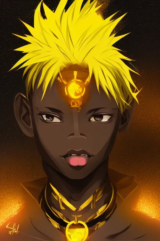 Image similar to golden glowing black male anime character, blonde hair, yellow eyes, symmetrical, highly detailed, digital art, sharp focus, trending on art station, crazy hair, electricity everywhere