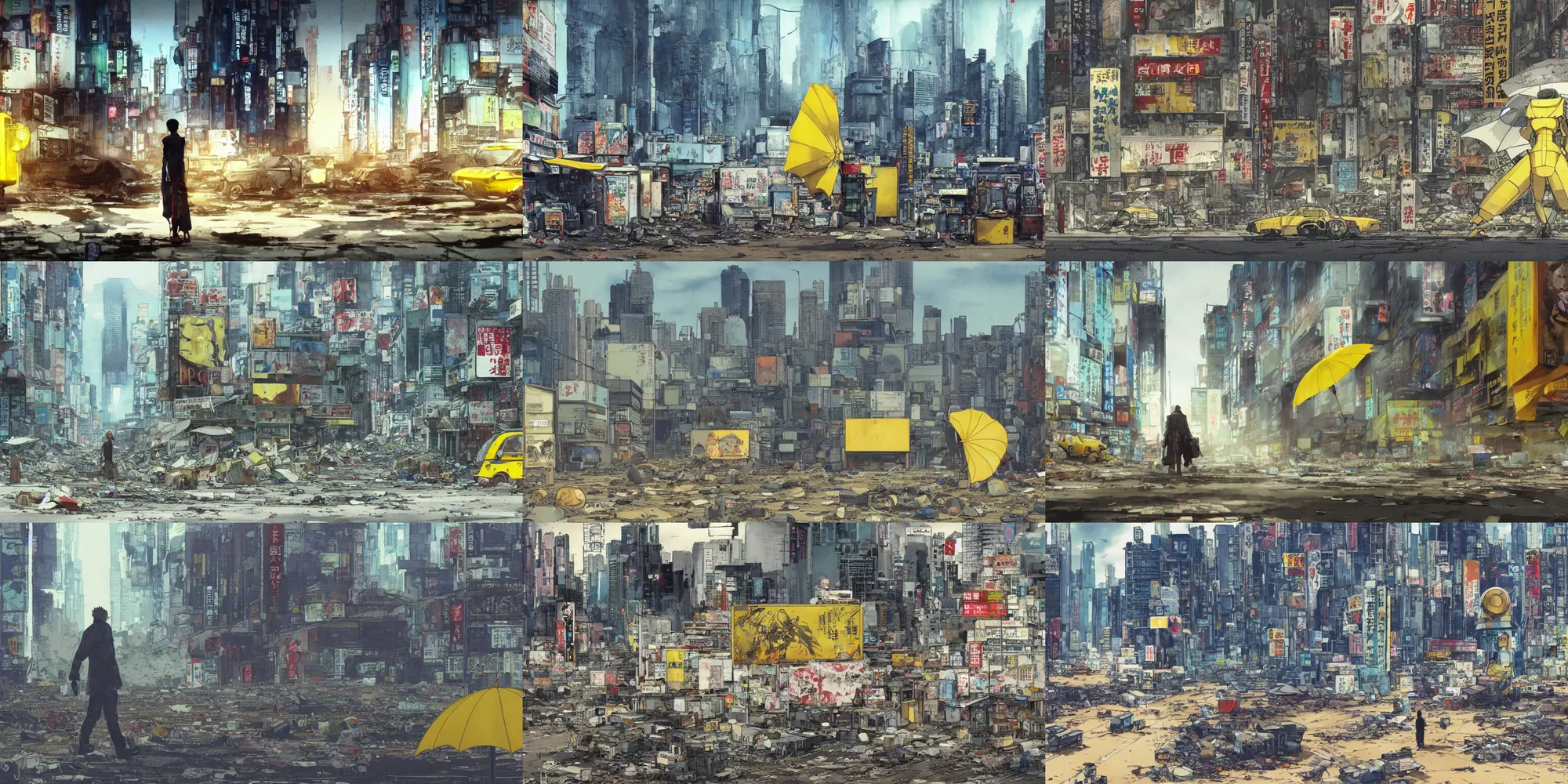 Prompt: incredible wide screenshot, ultrawide, simple watercolor, rough paper texture, katsuhiro otomo ghost in the shell movie scene, backlit distant shot of a giant robot invasion side view, yellow parasol in deserted dusty shinjuku junk town, broken vending machines, bold graphic graffiti, old pawn shop, bright sun bleached ground, mud, fog, dust, windy, scary robot monster lurks in the background, ghost mask, teeth, animatronic, black smoke, pale beige sky, junk tv, texture, shell, brown mud, dust, tangled overhead wires, telephone pole, dusty, dry, pencil marks, genius party,shinjuku, koju morimoto, katsuya terada, masamune shirow, tatsuyuki tanaka hd, 4k, remaster, dynamic camera angle, deep 3 point perspective, fish eye, dynamic scene