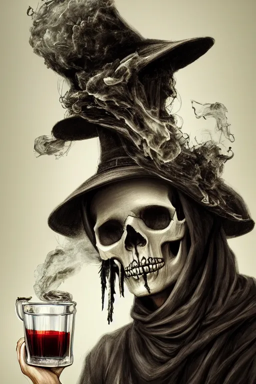Prompt: Sad lonely skull faced Death is drinking tea, wearing hat made of smoke and ashes, death is partly draped with bones, deqth is split in two with smoke, fantasy, intricate, elegant, highly detailed, digital painting, artstation, woamn is curved, concept art, smooth, sharp focus, illustration, art by Ilja Repin