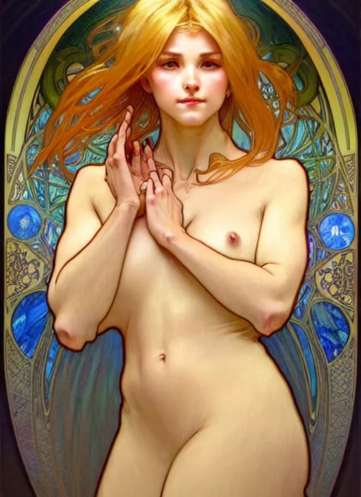 Image similar to digital character concept art by artgerm and gaston bussiere and alphonse mucha. clear portrait of a shy modern wife blessed by god to grow immaculately attractive and perfect!! blonde, in clothes! gifted holy body! light effect. hyper detailed, glowing lights!! intricate, elegant, fertility, digital painting, artstation, smooth, sharp focus