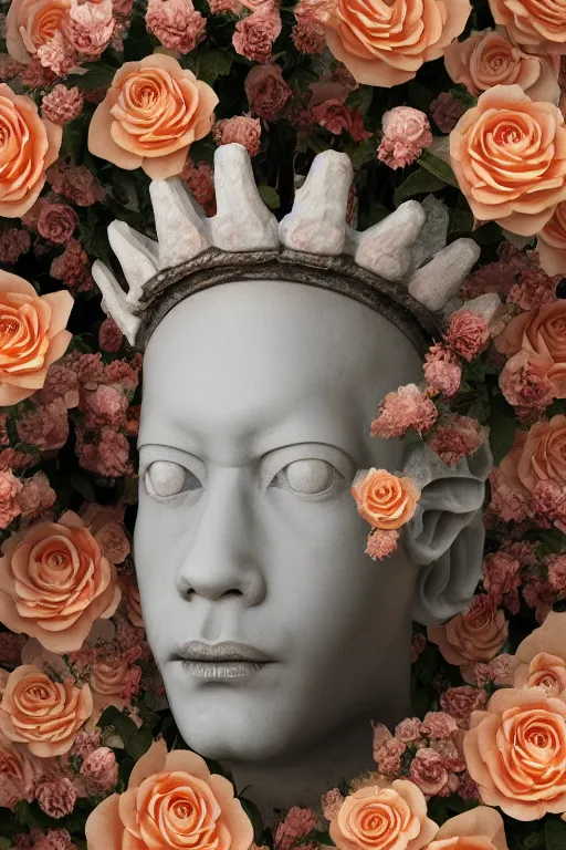 Image similar to milky quartz statue of a beautiful basquiat wearing a crown full of peach roses and reaching to the sky. rococo style decorations, background heavenly sky, marble columns, Trending on artstation. halo. octane render, cinematic, hyper realism, octane render, 8k, depth of field, 3D