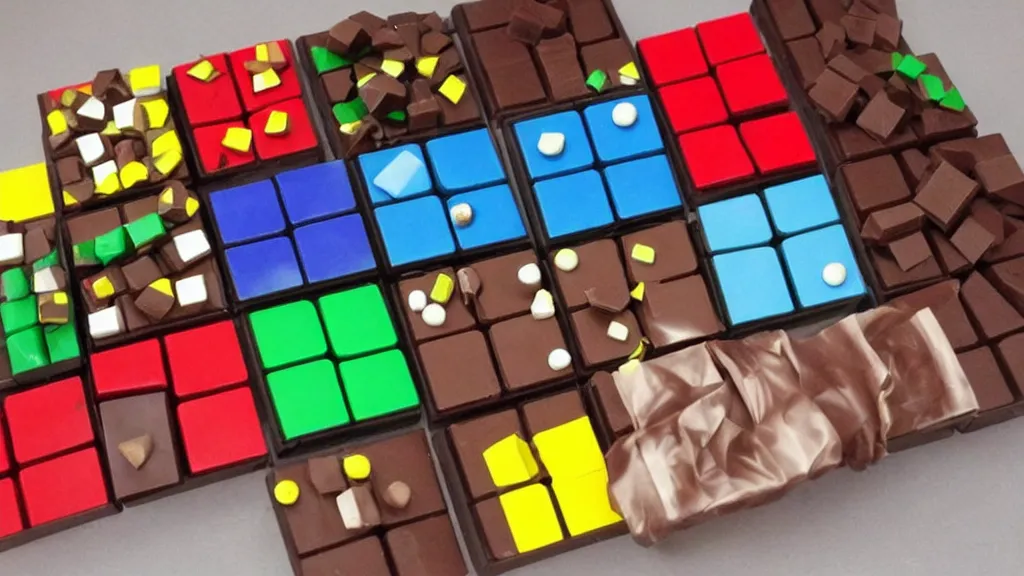 Prompt: unsolved rubik's cube made of various colored chocolate,