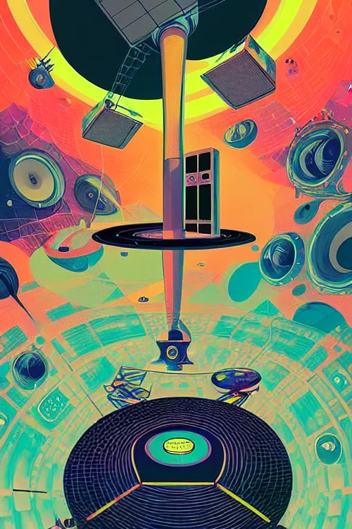 Image similar to giant speaker system and music recording studio inside the international space station filled to the brim with electronic equipment and modular synthesizers, poster art by victo ngai, ori toor, kilian eng behance contest winner, crystal cubism, poster art, cubism, tarot card, psychedelic art, concert poster, poster art, maximalist