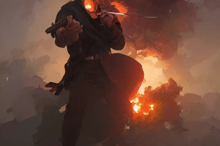 Image similar to a man fights an explosion with a knife, portrait, highly detailed, digital painting, artstation, concept art, smooth, sharp focus, illustration, cinematic lighting, art by artgerm and greg rutkowski and alphonse mucha