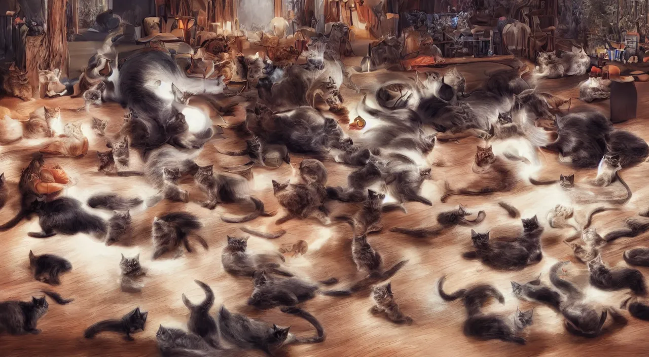 Prompt: a matte painting of a cat lady laying on a floor surrounded by 20 cats by Frank Lloyd Wright and Zaha Hadid torch volume light stylized illustration digital airbrush painting, 3d rim light, hyperrealistic masterpiece, artstation, cgsociety, kodakchrome, golden ratio