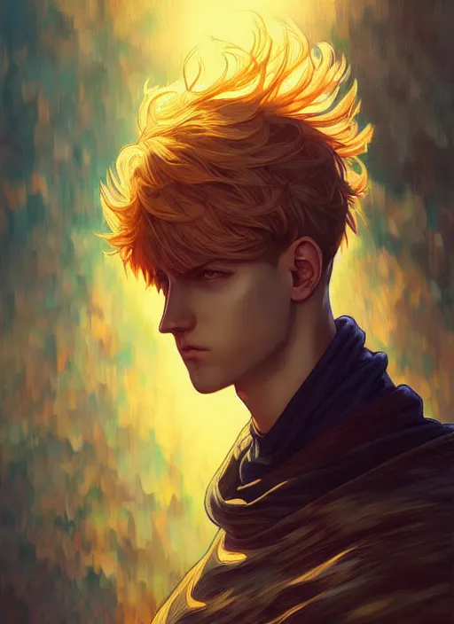 Prompt: handsome genos, half body shot, path traced, highly detailed, high quality, digital painting, alena aenami, lilia alvarado, shinji aramaki, karol bak, alphonse mucha, tom bagshaw