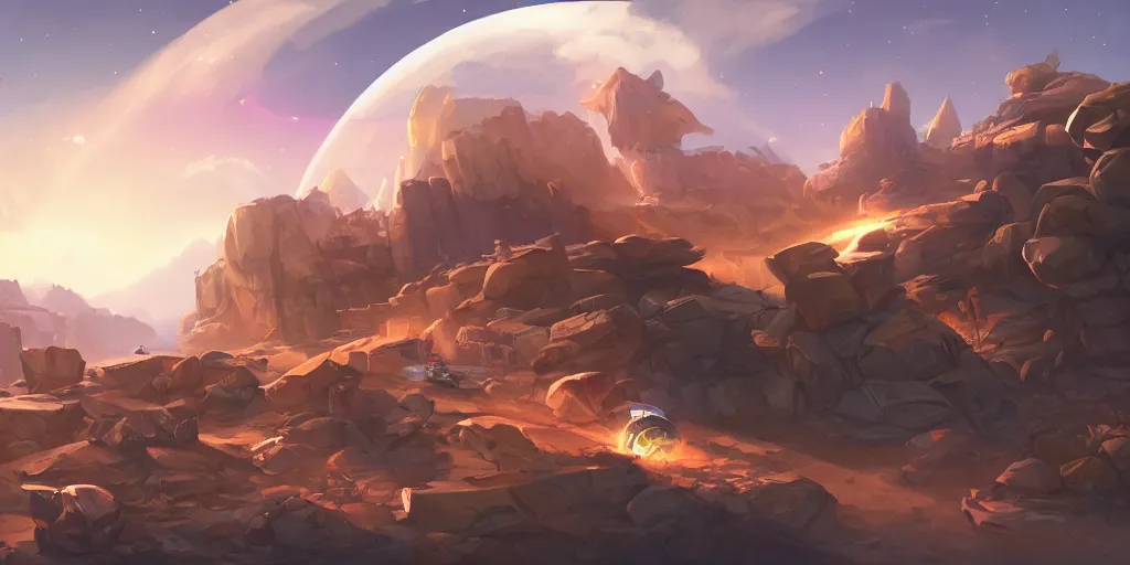 Image similar to marketing game illustration, a space craft run into the rocks canyon very fast in the style of Blizzard and Riot Games