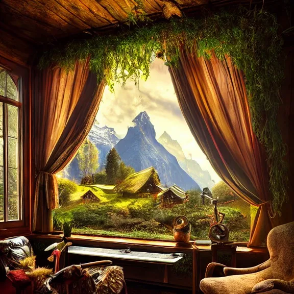 Image similar to fantastical living room with switzerland landscape in the window by marc adamus, beautiful dramatic lighting, overgrown with funghi, style by peter deligdisch, peterdraws