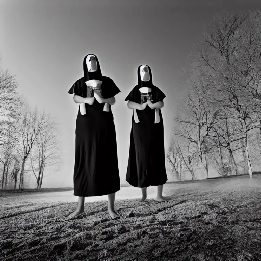 Image similar to black and white, award winning photo, levitating twin nuns, wearing swimsuit, the nuns have Very long arms, in a sanctuary, eerie, frightening —width 1024 —height 1024