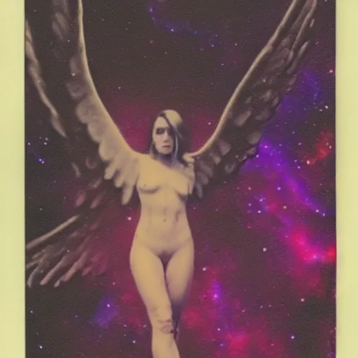 Image similar to a lost female angel glaring into your eyes, deep cosmic eyes, wide long wings made from dark cosmic nebulas, realistic photograph, polaroid pic by horror