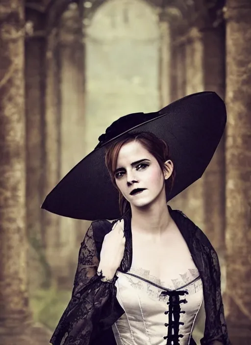 Image similar to Emma Watson for Victorian Secret as dark goth, perfect face, hot summertime, full length shot, XF IQ4, 150MP, 50mm, f/1.4, ISO 200, 1/160s, natural light, Adobe Photoshop, Adobe Lightroom, DxO Photolab, Corel PaintShop Pro, rule of thirds, symmetrical balance, depth layering, polarizing filter, Sense of Depth, AI enhanced