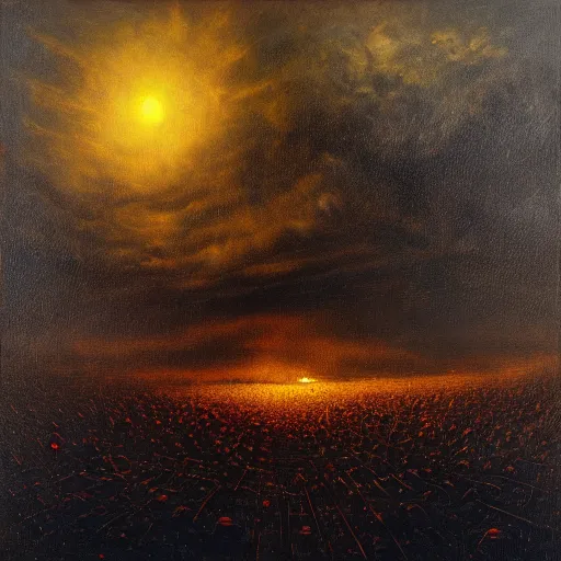 Prompt: dark landscape full of sorrow, horrorific people, black sun, Mariusz Lewandowski