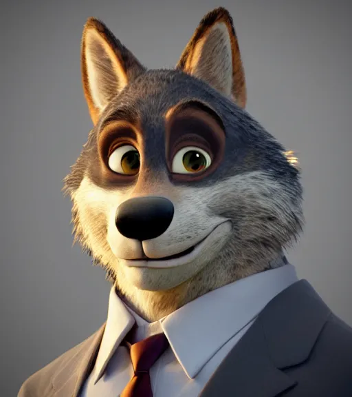 Prompt: a film still from the movie zootopia main character portrait anthro anthropomorphic wolf head animal person fursona wearing suit and tie pixar disney dreamworks animation sharp rendered in unreal engine 5 octane key art by greg rutkowski bloom dramatic lighting modeling expert masterpiece render