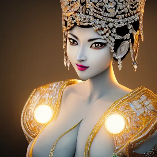 Image similar to portrait of wonderful asian princess of white diamond with fair skin, ornate with white diamonds, 8 k, gorgeous, intricate, detailed, glowing white accent lighting, dramatic lighting, octane render
