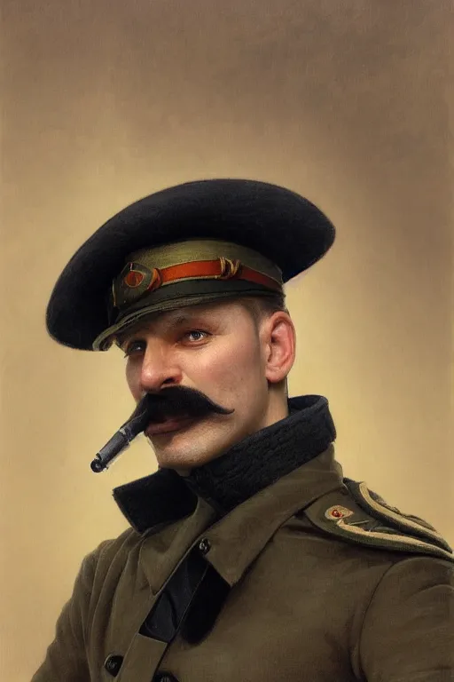 Prompt: portrait photo of russian man in khaki military tunic wearing very high black wool hat with black moustache and shaved chin, holding a blue lightsaber, no beard, handsome, highly detailed, digital painting, artstation, concept art, smooth, sharp focus, illustration, art by gaston bussiere and alphonse mucha