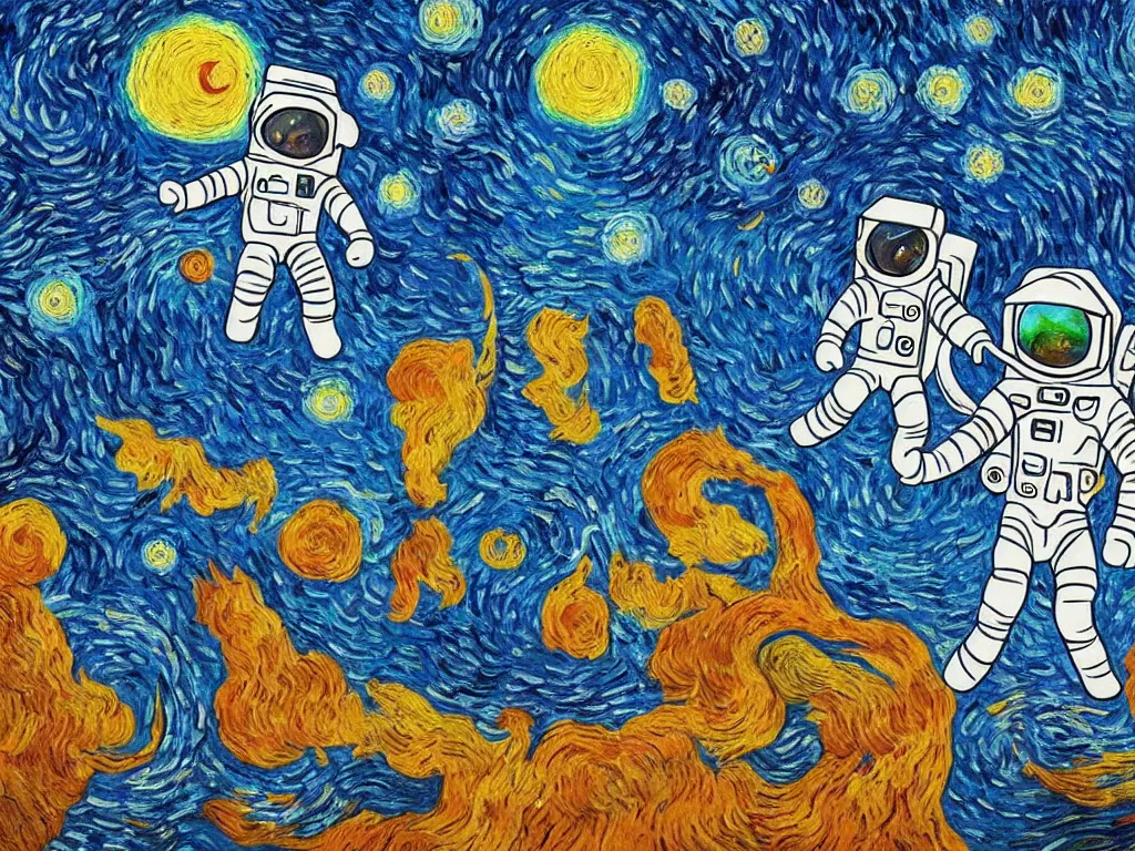 Prompt: bright beautiful oil painting of astronaut lands on a planet made of cartoon ghosts, light scatter, van gogh