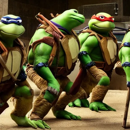 Prompt: teenage mutant ninja turtles, but the turtles are hyenas