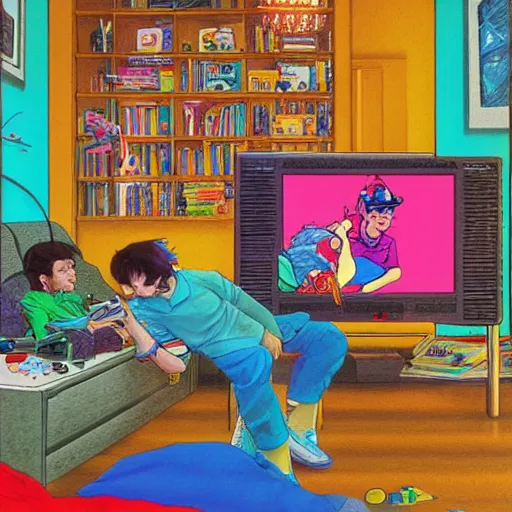 Prompt: kids playing nintendo, 90s bedroom, happy, colorful Epic portrait by james gurney and mœbius,