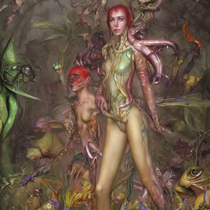 Image similar to a fashion editorial of elf lady as a brightly colored sphinx amphibian hybrid with wet translucent skin. wearing an growing organic exosuit. by tom bagshaw, donato giancola, hans holbein, walton ford, gaston bussiere, brian froud, peter mohrbacher and magali villeneuve. 8 k, cgsociety