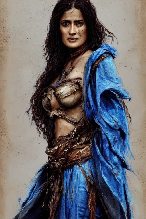 Image similar to portrait, Salma Hayek , sorceress, dressed in tattered blue dress and cloak , face portrait, raphael lacoste, eddie mendoza, alex ross, concept art, matte painting, highly detailed, rule of thirds, dynamic lighting, cinematic, detailed, denoised, centred